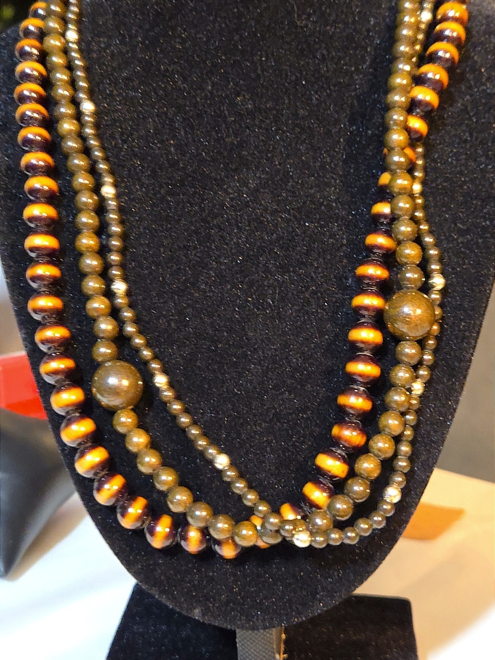 Multi-Strand Amber and Brown/ Olive Beaded Necklace - Women Jewelry